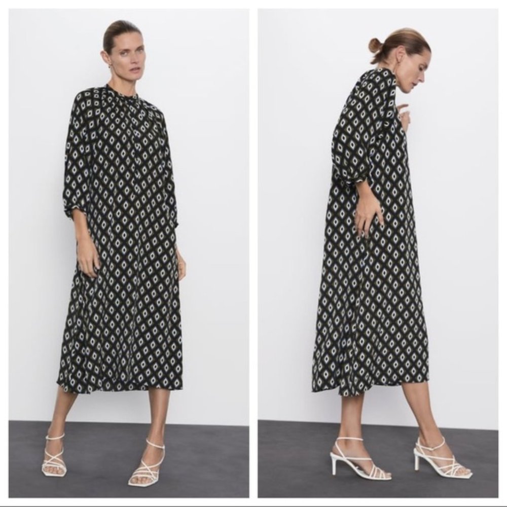 Zara Rayon Diamond Print Midi Dress NWT Large